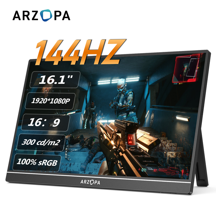 ARZOPA 아르조파 16.1인치 144Hz FHD 1080P 100%sRGB IPS 휴대용 게이밍 모니터 노트북 맥북 PS5 스위치용, Z1FC, 40.92cm