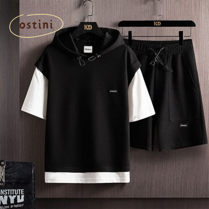 오스틱니 2025 남성 여름 후드 반팔 트레이닝 통기성 티셔츠반바지 2종 세트