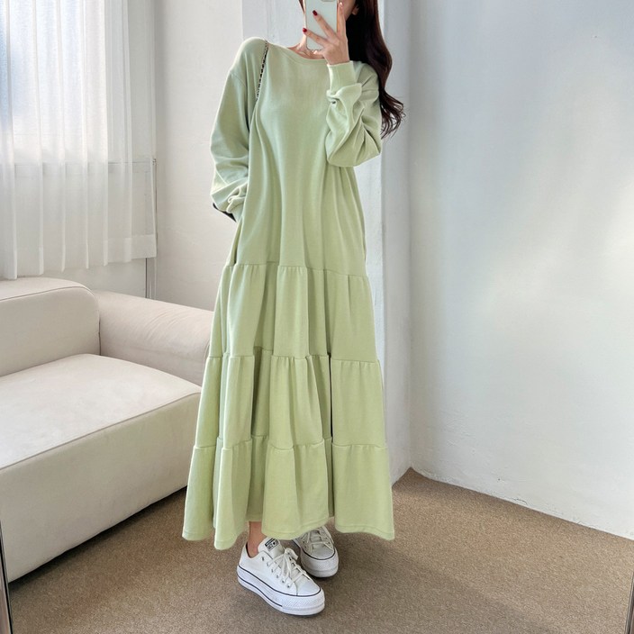 무배 오버핏 러블리 캉캉 라운드넥 티어드 맨투맨 롱 원피스 4color