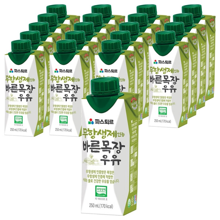 파스퇴르 바른목장 우유, 250ml, 20개