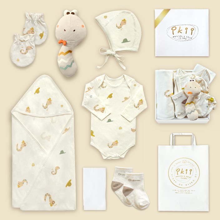 ikii 신생아 오가닉 긴소매 바디슈트 귀여운 용 7종 출산 선물세트  쇼핑백