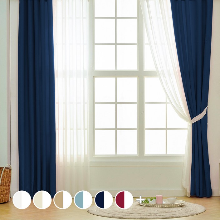 아일렛형 긴창 솔리드 암막커튼 2p  소프트 쉬폰커튼 2p  끈 2p 세트