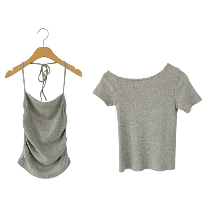 시크블랙 여성용 베란도 원 오프숄더 반팔 니트 홀터넥 나시 세트 cpcd3491k54