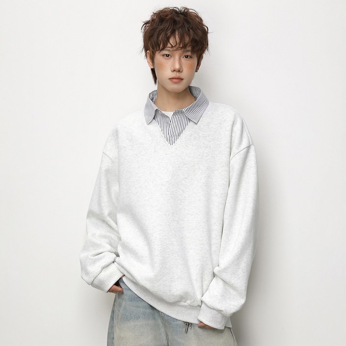 벨로시티 남녀공용 페이크 카라 레이어드 오버핏 맨투맨