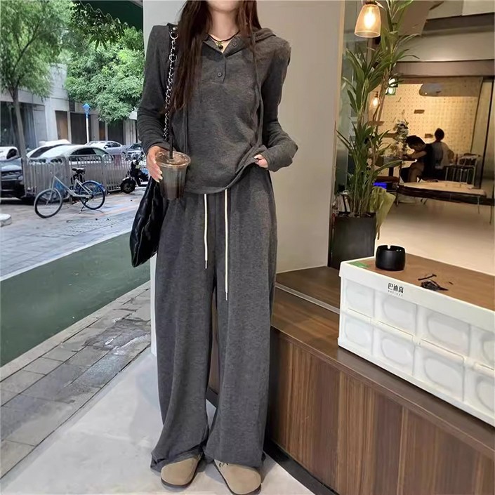 피어니스트 루즈핏 후드넥 긴팔 상의  와이드팬츠 투피스 세트