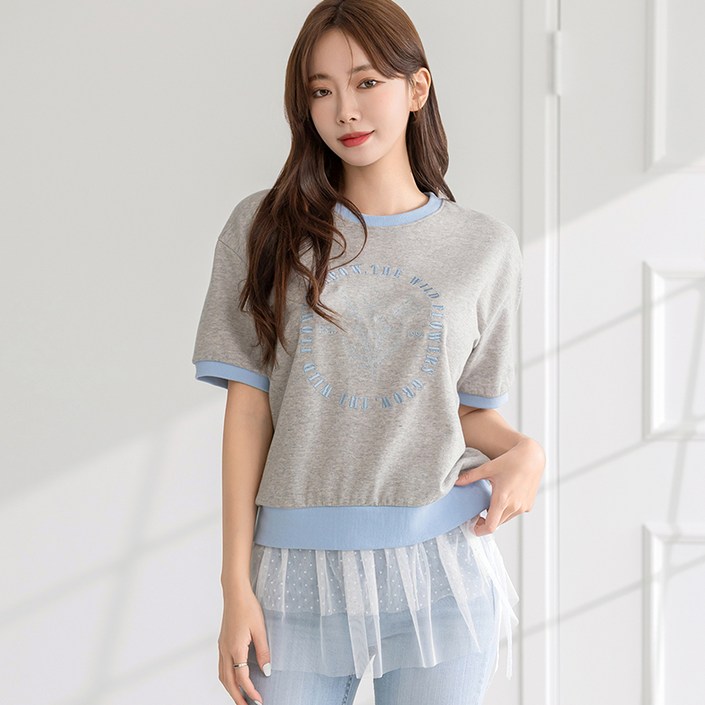 부루앤쥬디 배색 플라워 자수 반팔 티셔츠 ORDTG505A