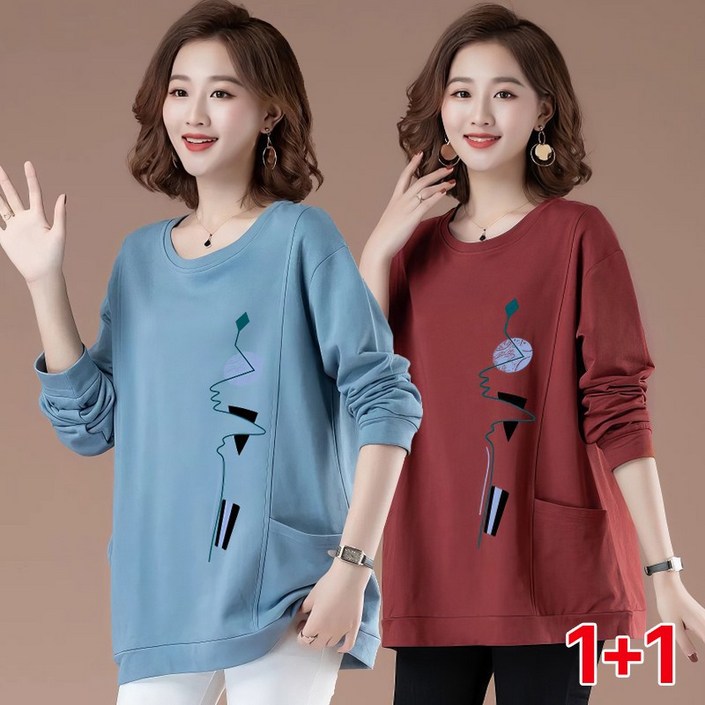 스타일아유 112종세트여성 봄 가을 중년 엄마 캐주얼 오버핏 긴팔 프린팅 티셔츠 TS2352