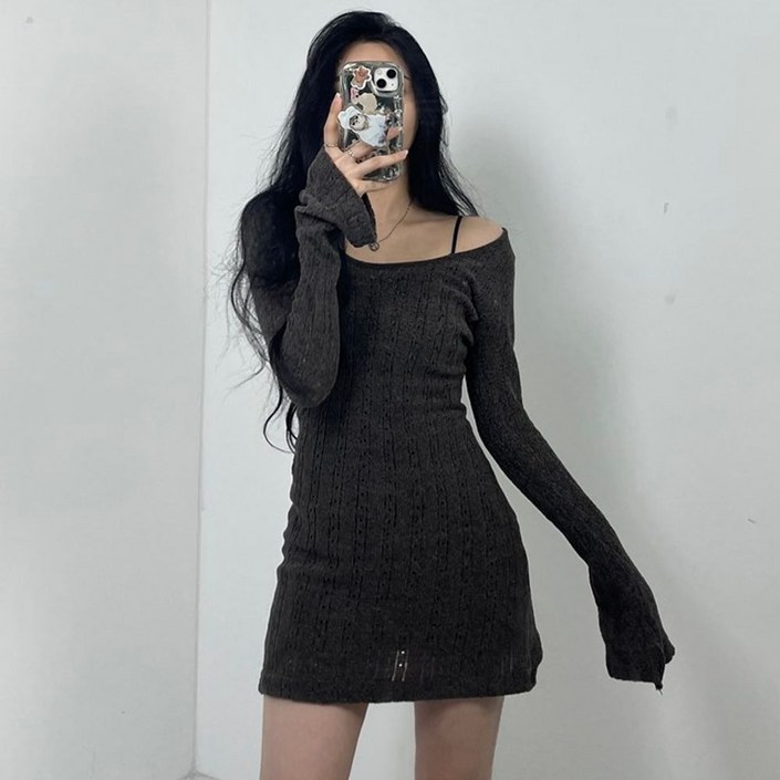 브라운 텐셀 펀칭패턴 오프숄더 나팔소매 미니 원피스 gai*95260HU
