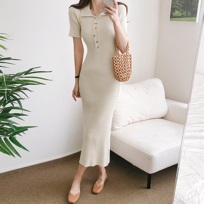 요시아나 당일발송 라피넴 슬림핏 카라넥 버튼 골지 니트 롱원피스 2컬러