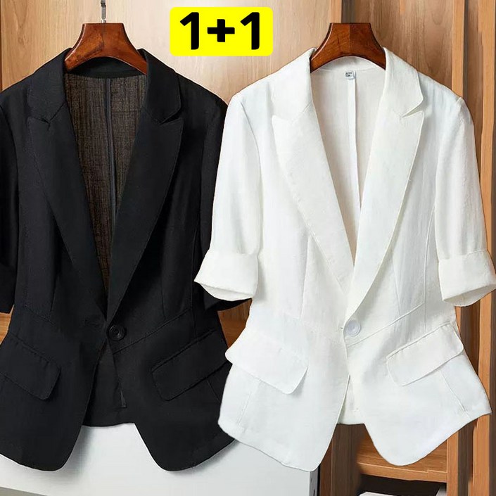 JUSTFEELING 11 슬림핏 면마코트 7부소매 데일리 순색 블레이저 여성의류 날씬해보이는 린넨 정장 코트 재킷