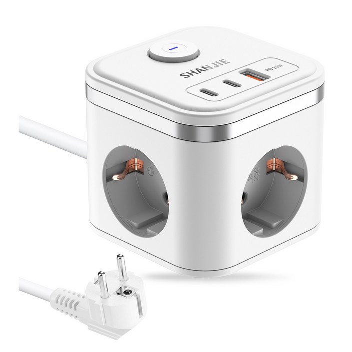 큐브 멀티탭1.8M C타입2개 Typec2USBA PD20W , 3구 고용량 멀티탭MINI 멀티탭 16A, 3680W, 1개, 하양, 180cm