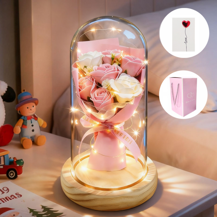 Folvia 유리돔 조화 장미 꽃다발 무드등 로즈데이 기념일 선물 미니카드 포함