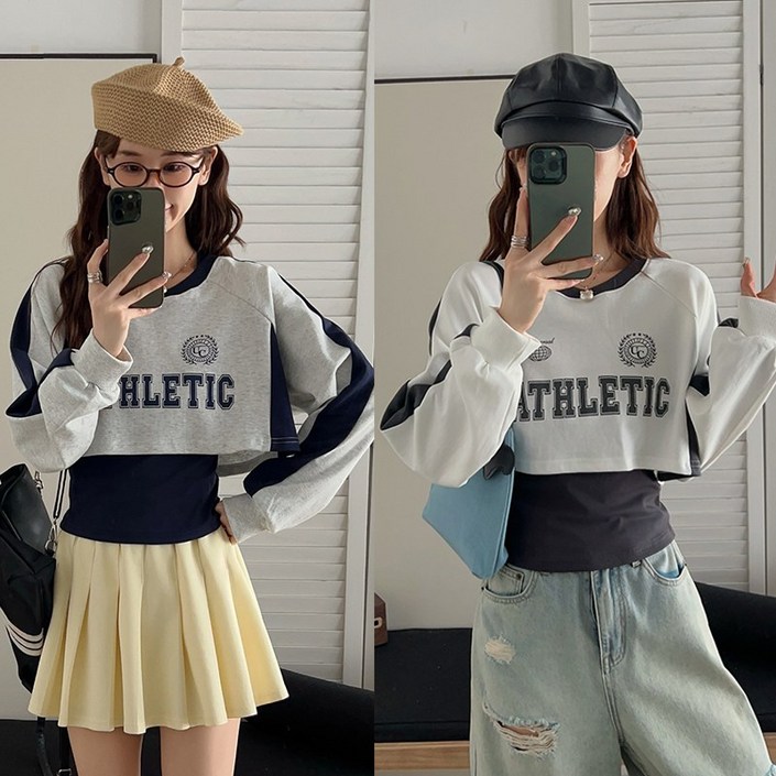 여성 캐주얼 크롭 맨투맨+나시티 투피스 긴팔티셔츠 봄가을 레이어드 맨투맨 데일리 상의 루즈핏