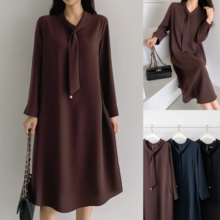 우아모 진주 타이 롱원피스 중년여성 하객룩 빅사이즈 엄마옷