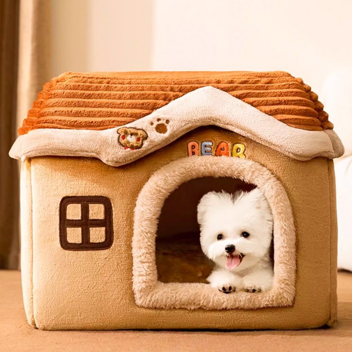 논슬립 극세사 강아지집+쿠션 세트, 1개, 브라운