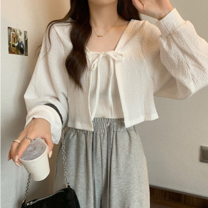 라트번 루즈핏 긴팔 볼레로 크롭 리본 가디건