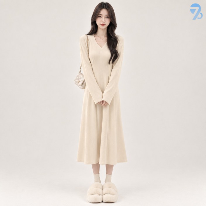 708090 여성용 브이넥 허리조절 플레어 니트 롱원피스