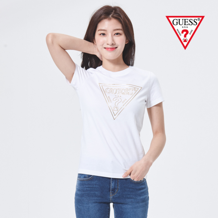 게스 게스  여성 골드 2중라인 PVC 삼각로고 반팔티 OL2K0543