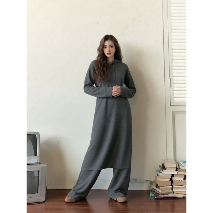 베스띠벨리 차콜 니트 후드 롱 원피스 BHOCX9998