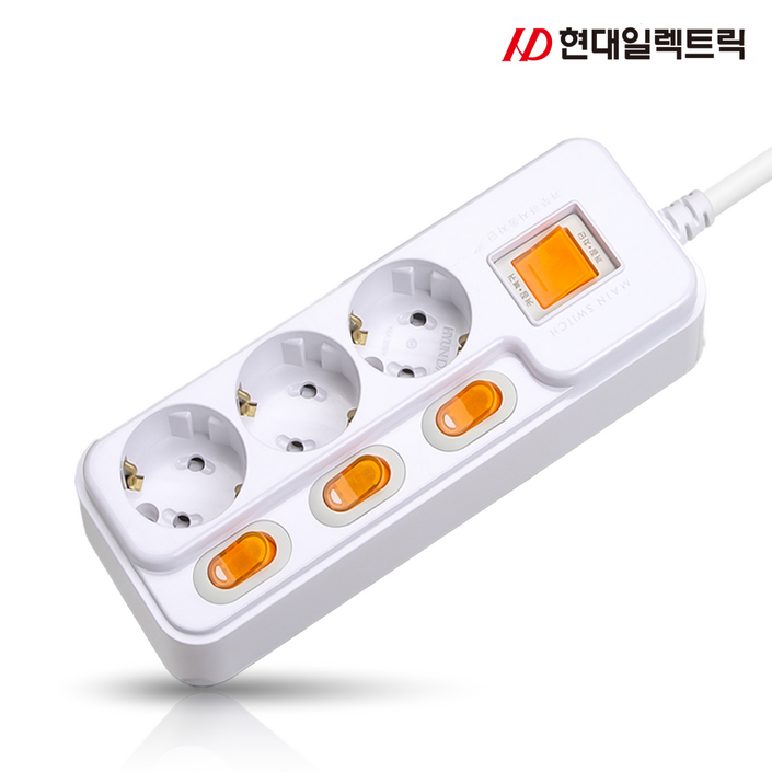 현대 국산 접지 개별 +과부하차단 스위치 멀티탭 멀티콘센트 3구 (16A), 3m, 화이트, 1개