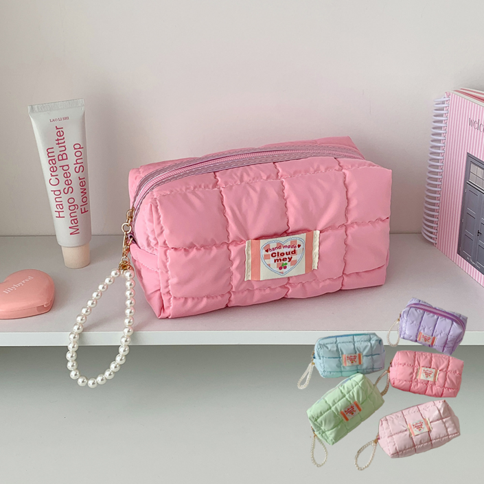 띵룸 파스텔컬러 퀼팅 파우치 화장품 가방 메이크업 파우치 진주스트랩포함