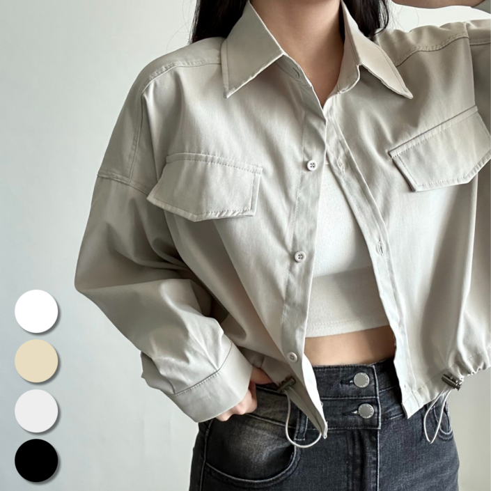 핏몬 여성용 카라 루즈핏 크롭 스트링 셔츠 자켓