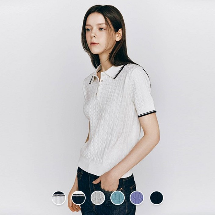 지오다노 여성 여름 케이블 꽈배기 반팔 카라 니트 스웨터 35553005355530 2042700