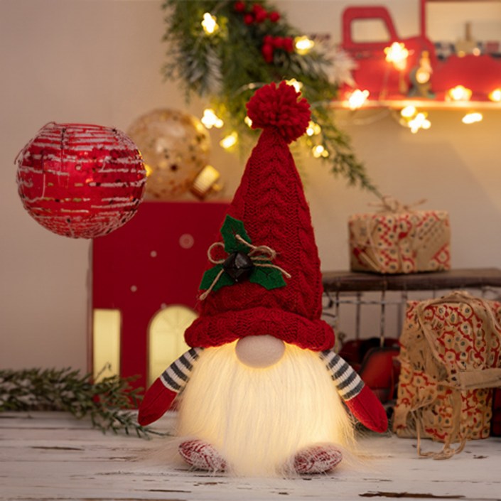 JOY 크리스마스 난쟁이 산타 인형 LED 조명 인테리어 장식 소품, 레드, 1개