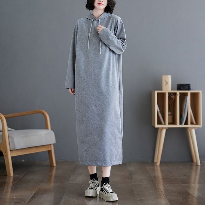 삼제태전 가을 시즌 여성용 V넥 후드 긴팔 순색 루즈핏 큰 사이즈 패션 포켓 있는 롱 후드 원피스