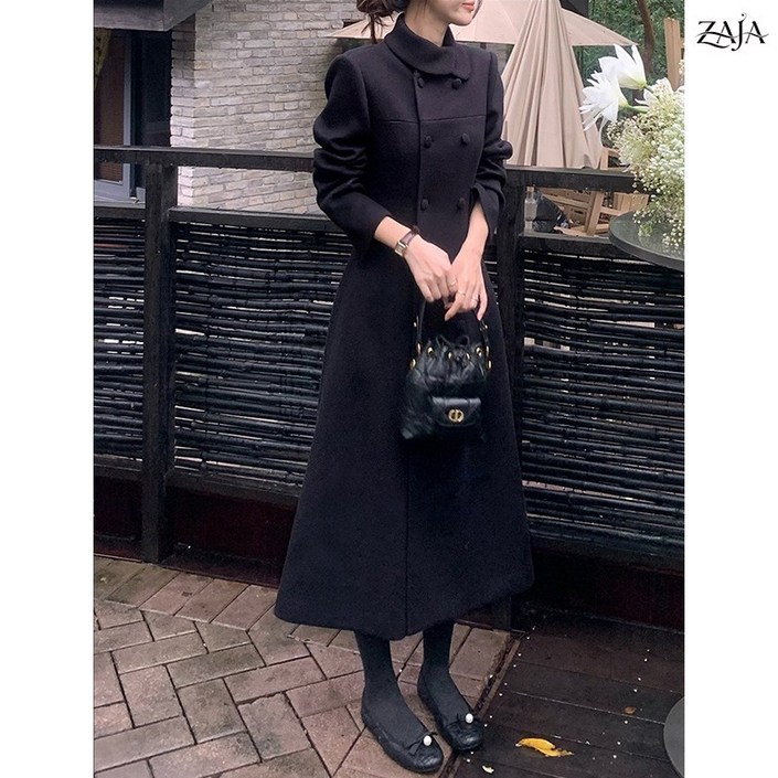 ZAJA 여성 고급 우아한 슬림핏 정장 모직 롱 코트