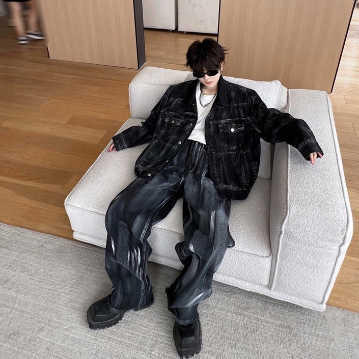 봄 가을 남성 데님 상하복 세트 남성 빈티지 유니크 워싱 데님 세트 디자인 청자켓 롱팬츠 스타일 LT