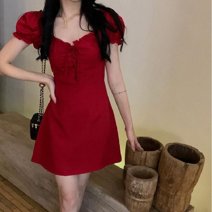 couchsurfing 여성 퍼프 반소매 A라인 미니 원피스