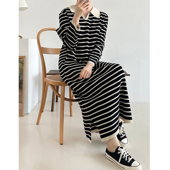 마이쏭 여성 배색카라단가라니트원피스