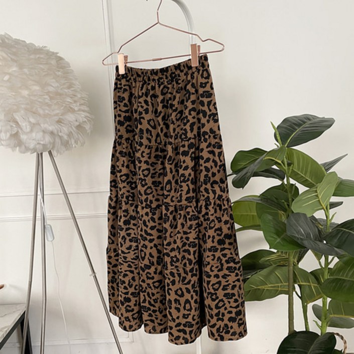 리리모드 호피 캉캉 롱 스커트 레오파드 나염 밴딩 티어드sk 페미니한 레이어드룩