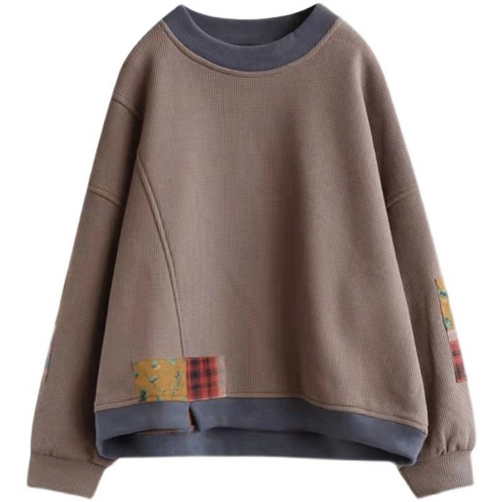 AOKADA 여성 가을 겨울 오버핏 배색 라운드 와플 패치워크 맨투맨 티셔츠 상의