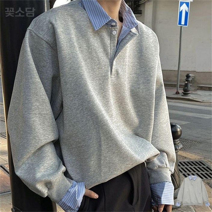 꽃소담 남자 오버핏 캐주얼 맨투맨 긴팔 카라넥 티셔츠