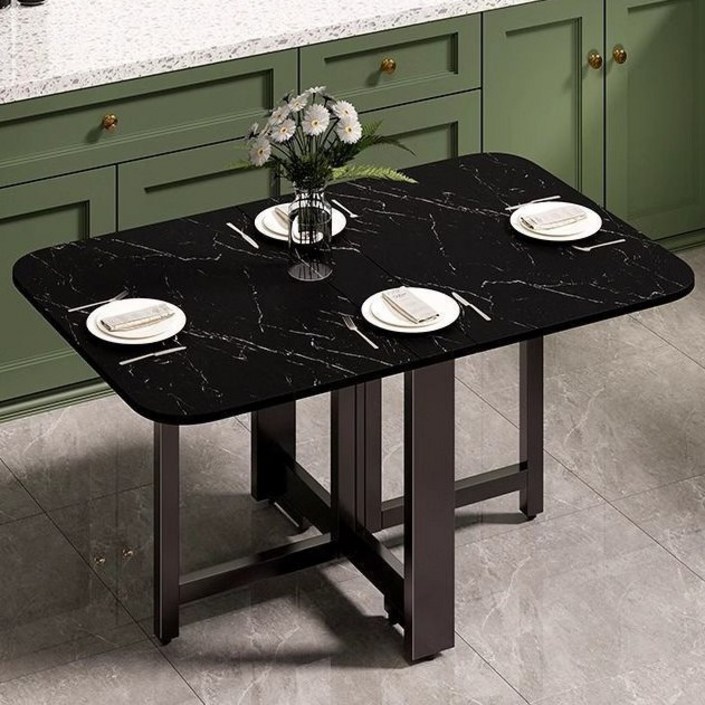 오아루 접이식 확장형 주방 식탁 테이블, 2인용, 마블 블랙+블랙 프레임