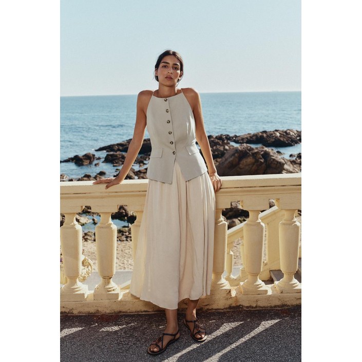 ZARA 자라 플리츠 스커트 미디 뷔스티에 원피스 베이지5029115710