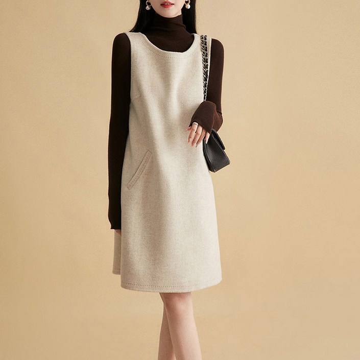 고급 가을 겨울 트위드 캐주얼 미디슬림핏 민소매 나시 모직 원피스