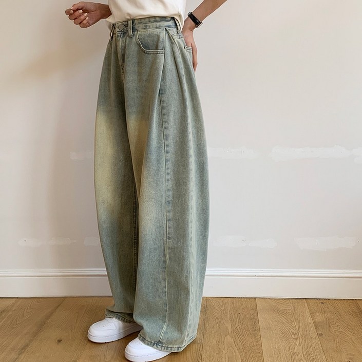 앤샵 롱,숏 기장선택빅사이즈2XL 여성용 트베리 워싱빈티지 벌룬 사이드절개 와이드 데님 청바지4color