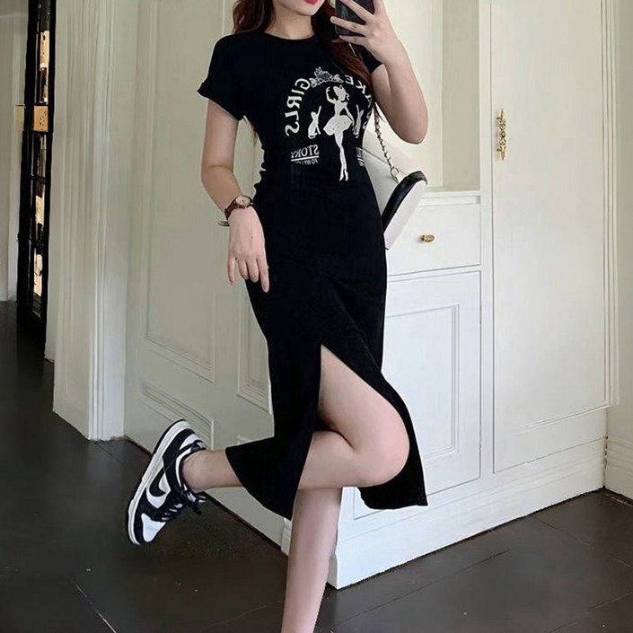 지누초이 여성 캐주얼 반팔 옆트임 슬림라인 롱 원피스 루즈핏