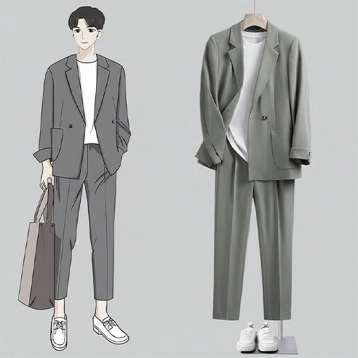 AOUGK 남성 캐주얼 정장세트 오버핏 롱정장 자켓  정장 바지 상하세트 빅사이즈 양복 투피스 면접복