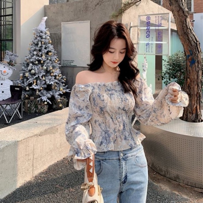 여성용 프릴 디테일 오프숄더 블라우스