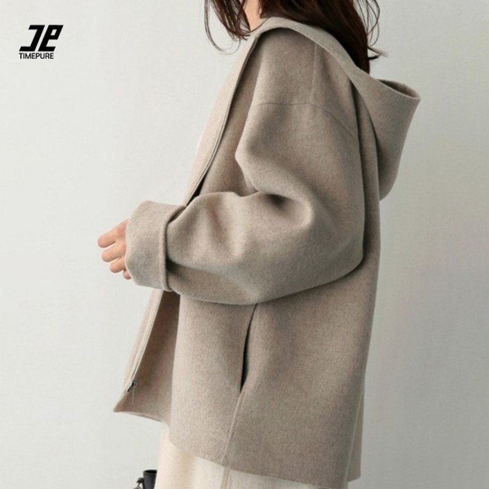 프리미엄 여성 오버핏 모직 후드 코트 봄 겨울 캐주얼 미니멀 코트