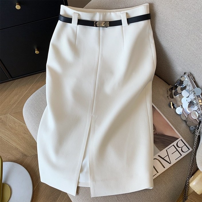 ORZQU 여성 정장 스커트 슬림핏 밑단 트임 H라인 미디 스커트벨트 세트