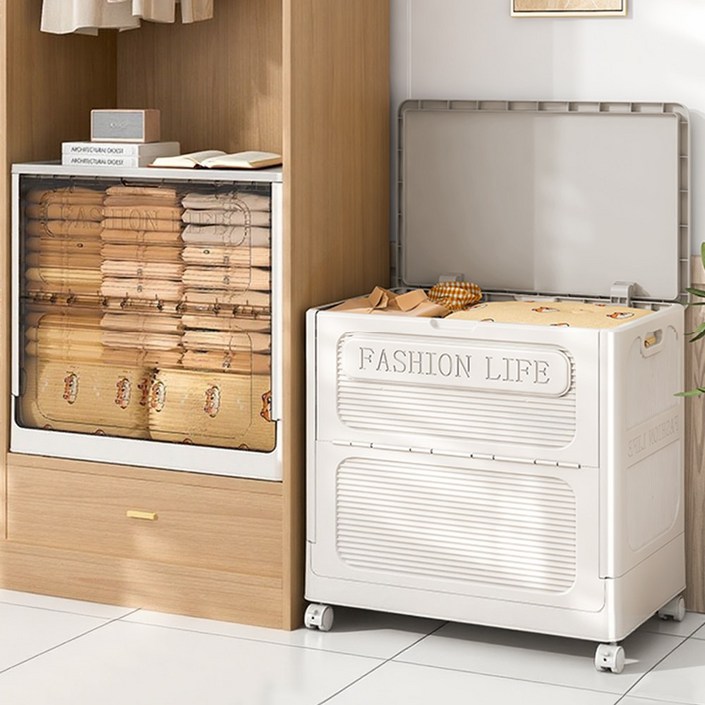 대용량 이동식 리빙박스 접이식 수납 정리함 다용도 이불 옷 보관용 수납장, 1개, 투명