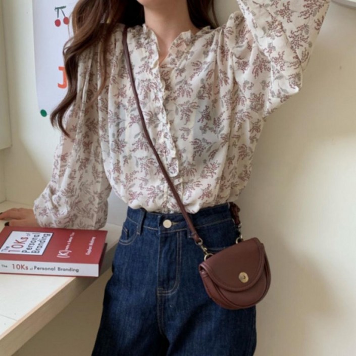 여성 프릴 셔링 셔츠 레이스 포인트 플라워 블라우스