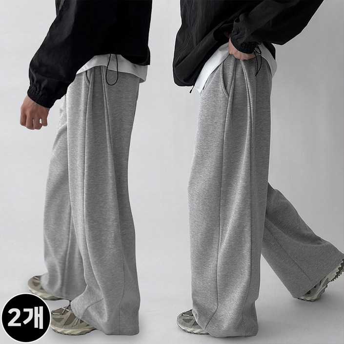 [기획상품,1+1] 두장묶음 빠델 사이드핀턱 벌룬 와이드 트레이닝 스웻 커브드 팬츠 회색 트레이닝팬츠