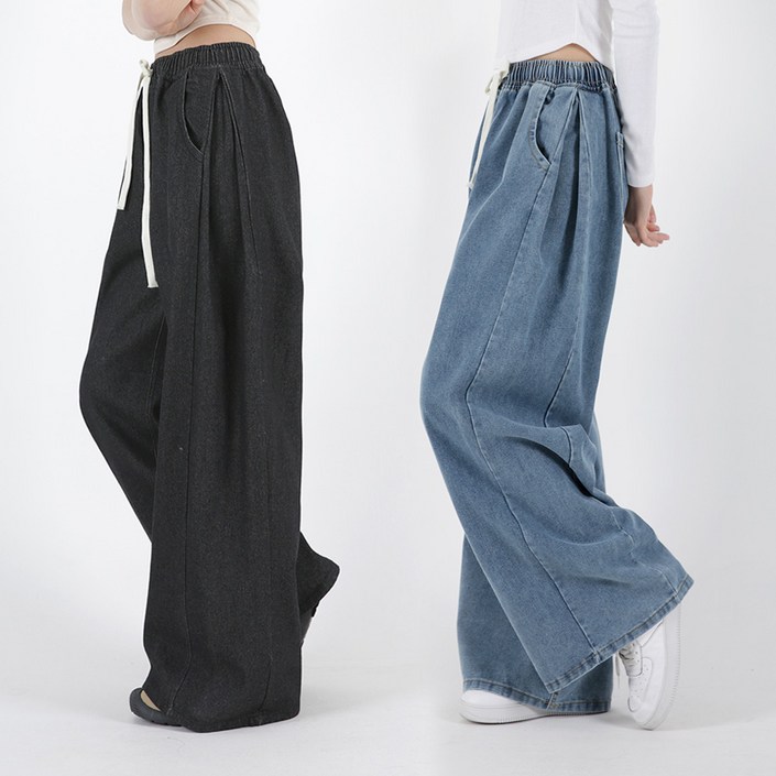 오버나인 여자 여성 숏롱 기장선택 와이드 핀턱 밴딩 데님 팬츠 청바지