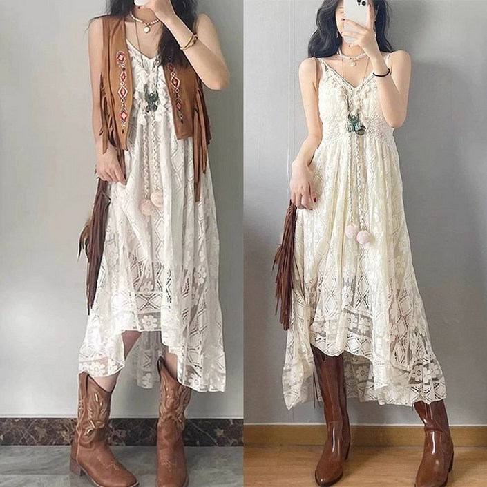 여성 레이스 태슬 보헤미안스타일 나시 에스닉 가을 롱원피스 슬리브리스